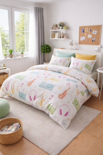 Музикално настроение-Единичен Спален Комплект , Чаршаф с Ластик 