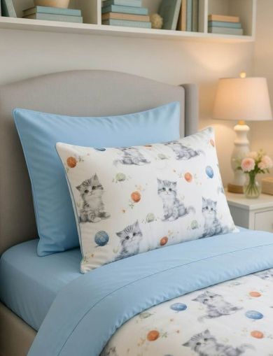 Пухкаво Коте -Единичен Спален Комплект , Чаршаф с Ластик 