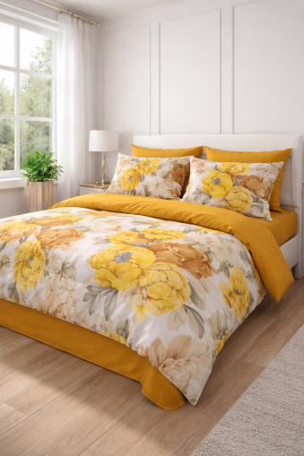 Спален комплект„Горчица и цветя“ с два плика и чаршаф с ластик и 4 бр калъфки