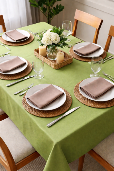 Зелена покривка с кафяви салфетки - стил и уют за вашата трапеза!