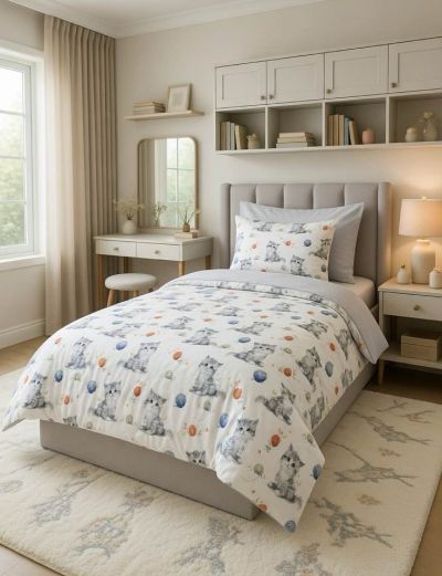 Пухкаво Коте -Единичен Спален Комплект , Чаршаф с Ластик 